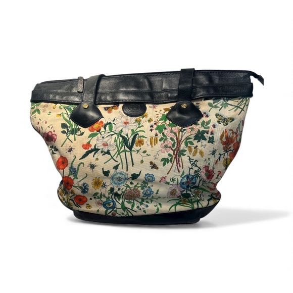 🌸 Gucci Large Flora Vintage Canvas Tote Bag Blue Leather Trim Floral Print - Picture 2 of 12